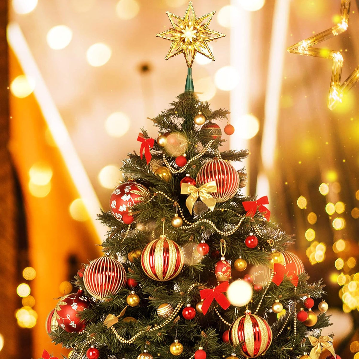 ODEETRONIC Christmas Star Tree Topper, 8 in 120V UL Certified Double Sided 8-Point Star Christmas Treetop Lights, Indoor Lighted Xmas Treetop for Bedroom Home Party Wedding Decor, Gold, Warm White