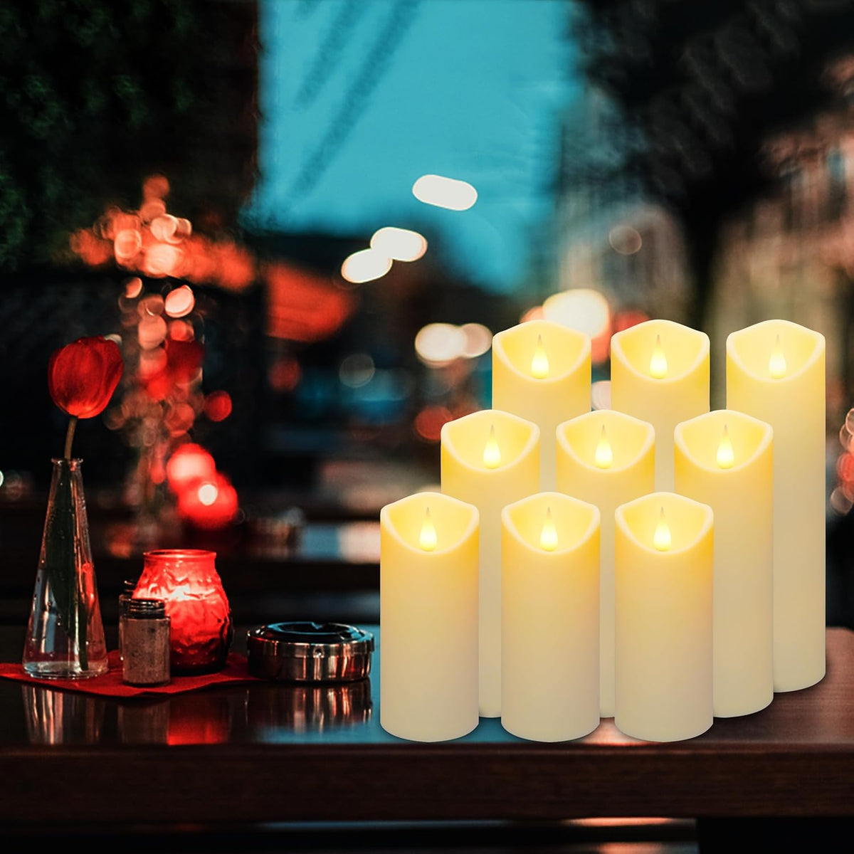Aignis 9pcs Flameless LED Candles Battery Operated with 10-Key Remote & Timer, Indoor Heat Resistant, 3D Wick with Warm Flickering Glow for Cozy Home/Wedding/Holiday Décor (D 2.2" x H 5"/6"/7")