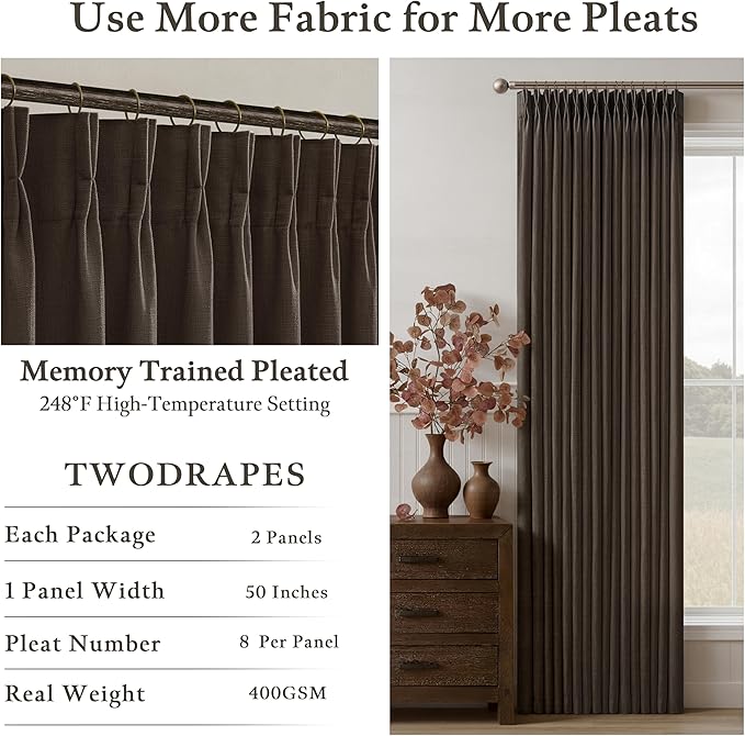 Linen Pleated Semi Sheer Dark Chocolate Back Tab Curtains 120 Inches Long | - Image 5