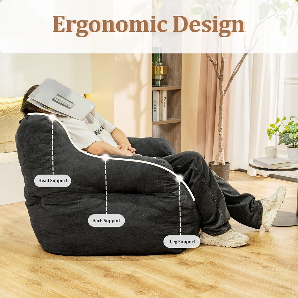 Bean Bag Chairs for Adults Ergonomic Support Reading Floor Sofa Chair with Filler Spacious (Grey) (Standard)