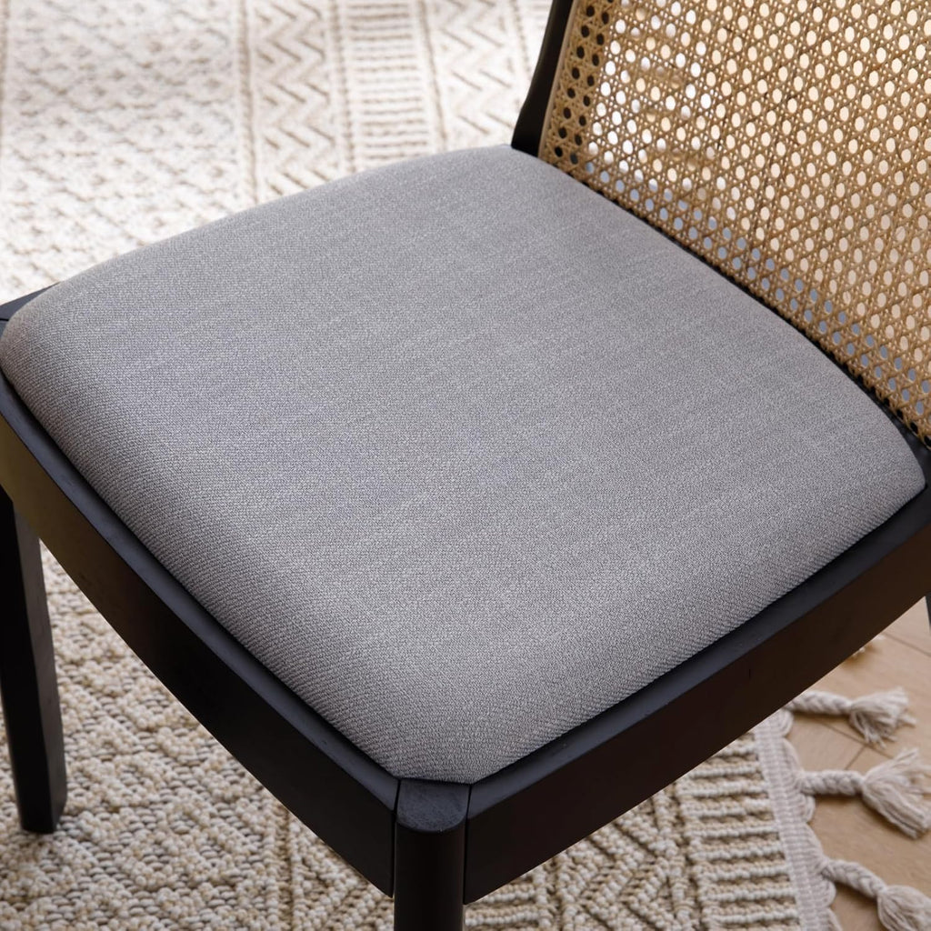 Mid Century Dining Chairs Set of 4, Accent Rattan Side Chairs Linen Fabric Kitchen Chair with Solid Wooden Legs for Living Room Dining Room, Grey