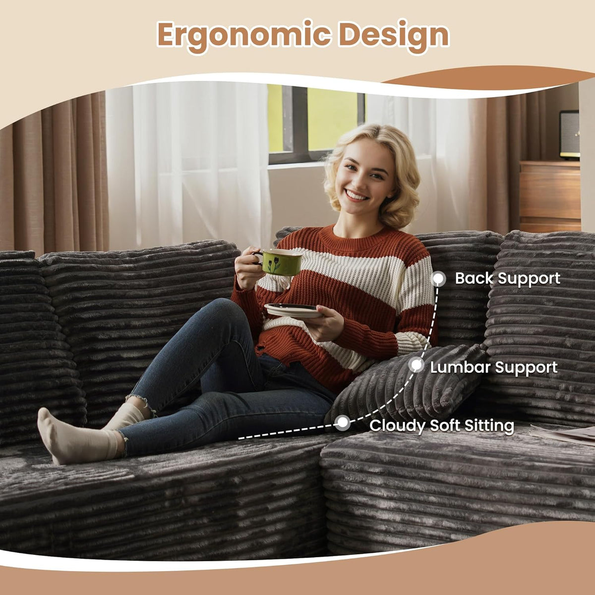 HOOOWOOO Cloud Sectional Couches for Living Room,Modular Sectional Sofa No Assembly,138X108 Inch Plush Corduroy Large L Shaped Floor Couch Set with Deep Seat(Gray)