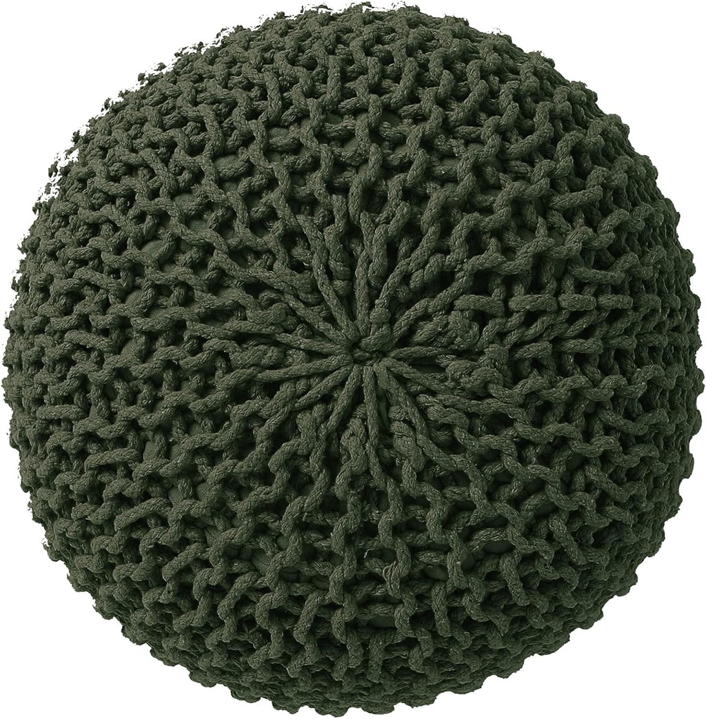 REDEARTH Round Hand Knitted Pouf - Foot Stool Bean Bag Ottoman - Cord Boho Pouffe - Poof Accent Beanbag Footrest for Living Room - Bedroom - Patio - Lounge (19.5"x19.5"x14") - Olive