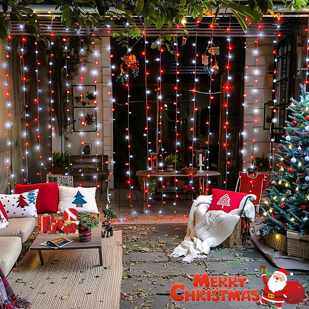 JMEXSUSS 300LED Red and White Christmas Curtain Lights with Remote, 9.8x9.8ft Christmas String Lights Plug in, 8 Modes Twinkle Hanging Fairy Lights for Bedroom Window Wall Porch Indoor Outdoor Decor