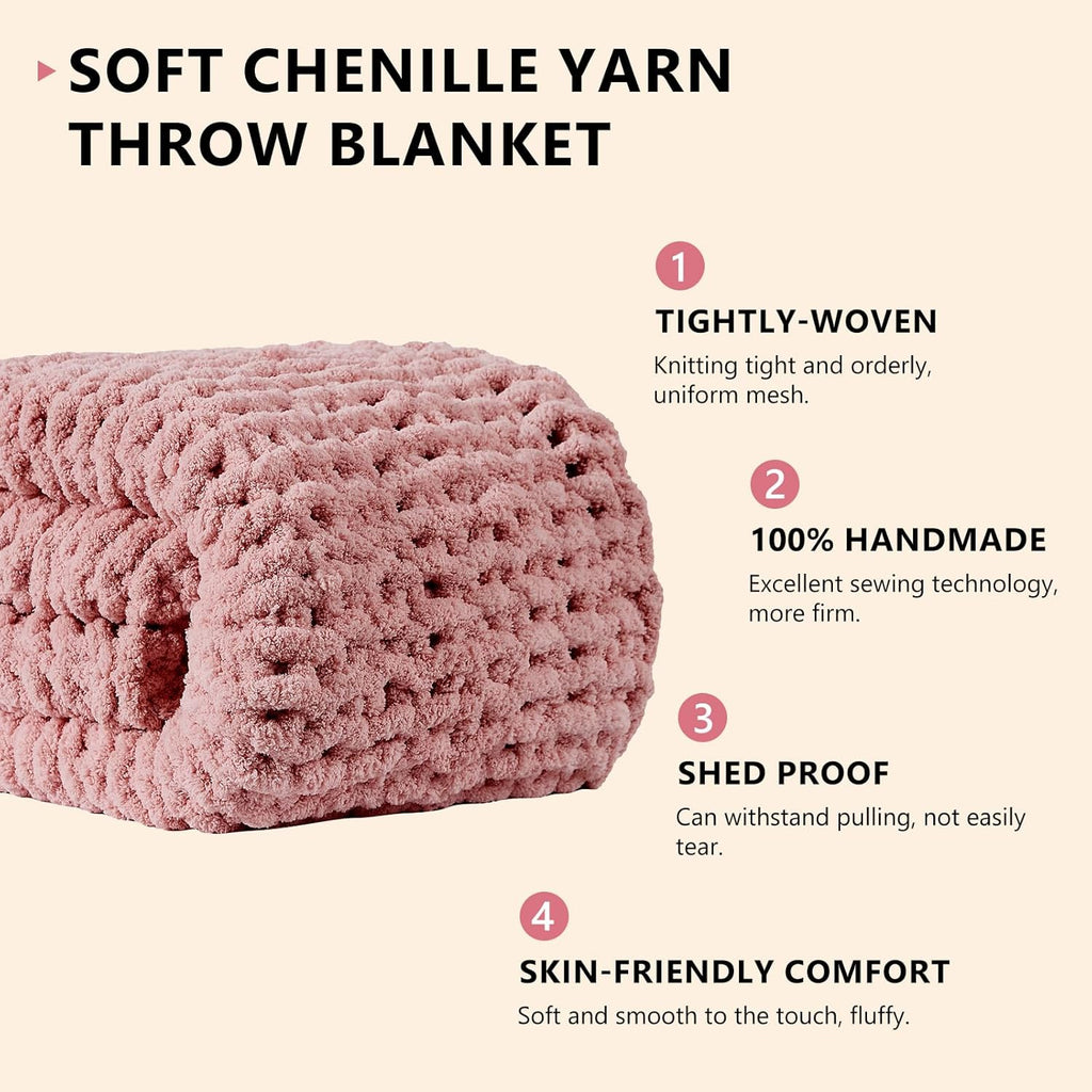 L'AGRATY Chunky Knit Blanket Throw: 72''x84'' Chenille Chunky Knitted Throw Blanket for Bed Couch - Handmade Thick Big Cable Knit Blanket - Large Chunky Crochet Blanket for Home Decor(Rose Pink)