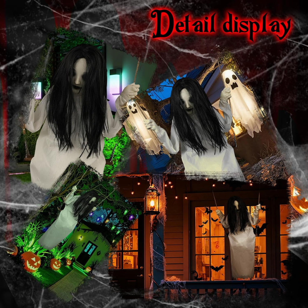 Halloween Decorations Outdoor Indoor Haunted Swinging Girl, Scary Ghost on Swing for Yard Porch, Creepy Motion Easy to Hang