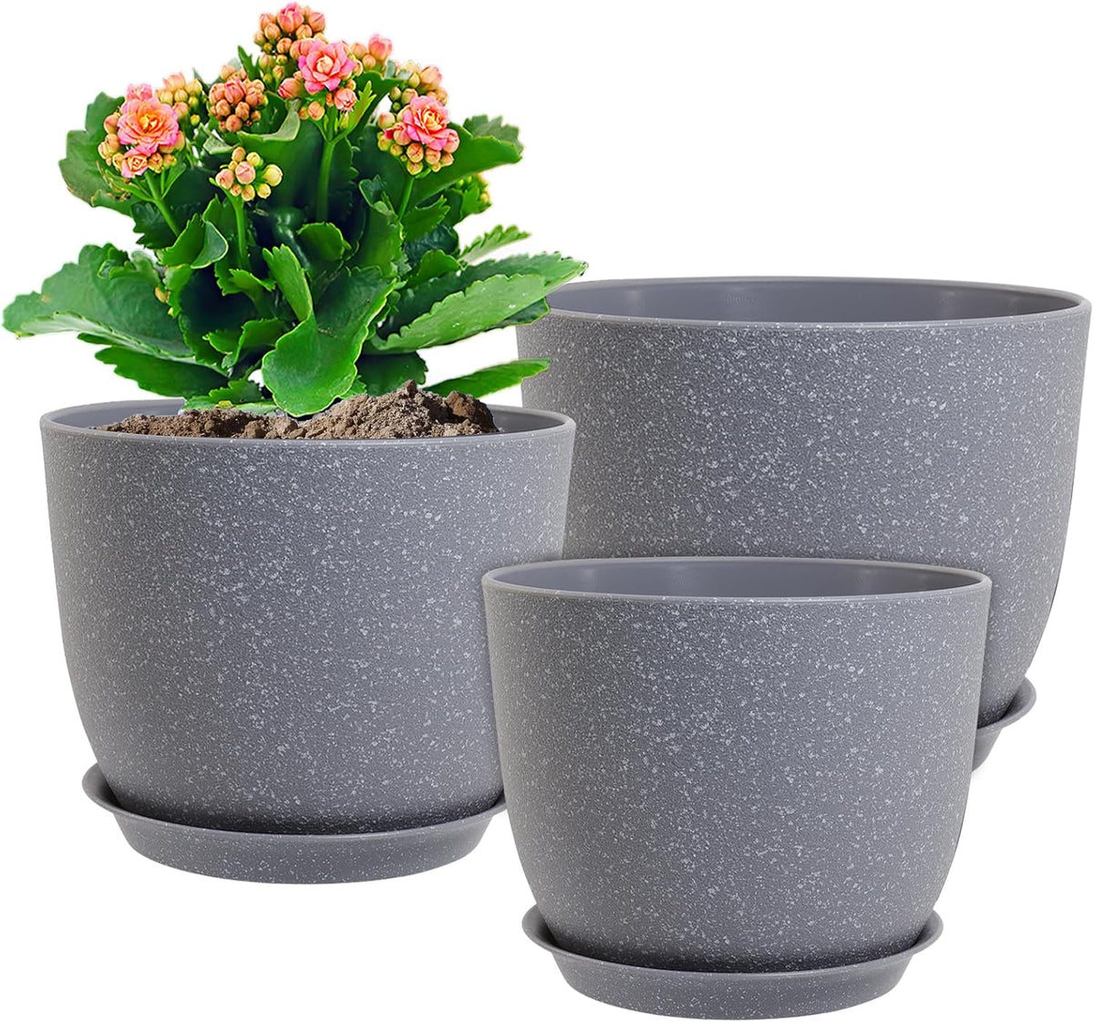 12/10/9 inch Large Plant Pots, 3 Pack Modern Decorative Plastic Planters with Drainage Holes and Saucer for House Garden Plants, Flower Pots for Indoor Outdoor Plants, Speckled Grey
