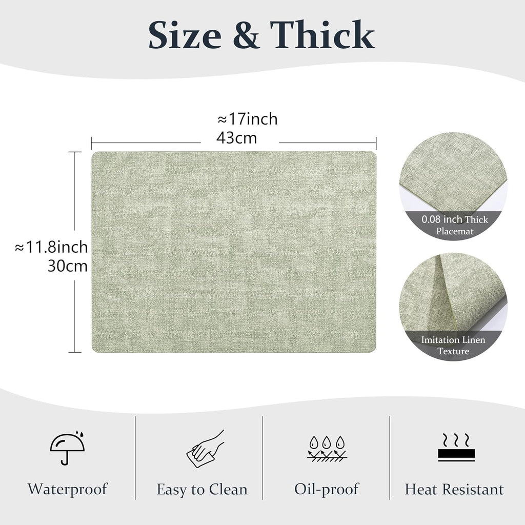 FROMHEART Faux Leather Placemats Set of 6–Waterproof,Heat/Oil Stain-Resistant PU Table Mat–Reversible,Non-Slip,Easy to Clean Place Mats for Kitchen,Dining,Indoor/Outdoor,(Light Green,11.8" x 17")