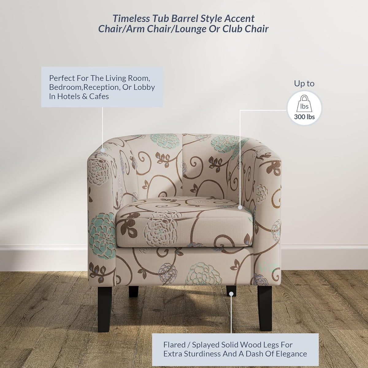 BELLEZE Living Room Chairs Set of 2, Linen Round Accent Barrel Chairs, Club Tub Sofa Chairs for Bedroom, Corner Chairs with Flared Legs and Cozy Soft Padding - Highland (Floral Print)