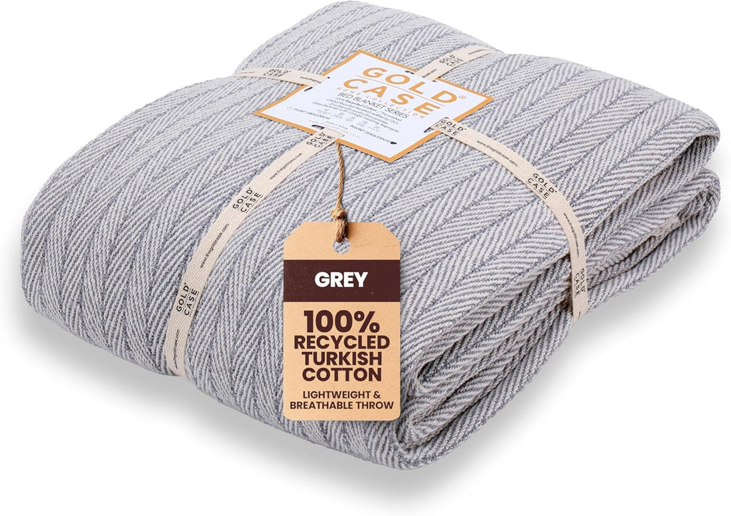 Gold Case Throw Blanket for Bed – 100% Recycled Turkish Cotton Bed Blanket – Decorative Throw Cotton Blankets for Living Room & Bedroom – Woven Twin Blankets - 71x90 - Grey