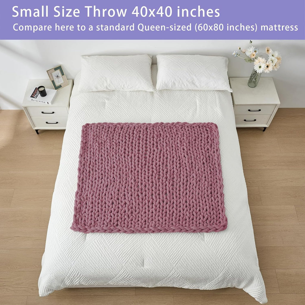 Bigacogo Chunky Knit Throw Blanket for Couch, 40x40 inches, 100% Hand Knitted with Thick Jumbo Chenille Yarn, Cozy Soft Large Rope Knot Cable Crochet Blankets for Sofa Bed Living Room, Burnt Rose