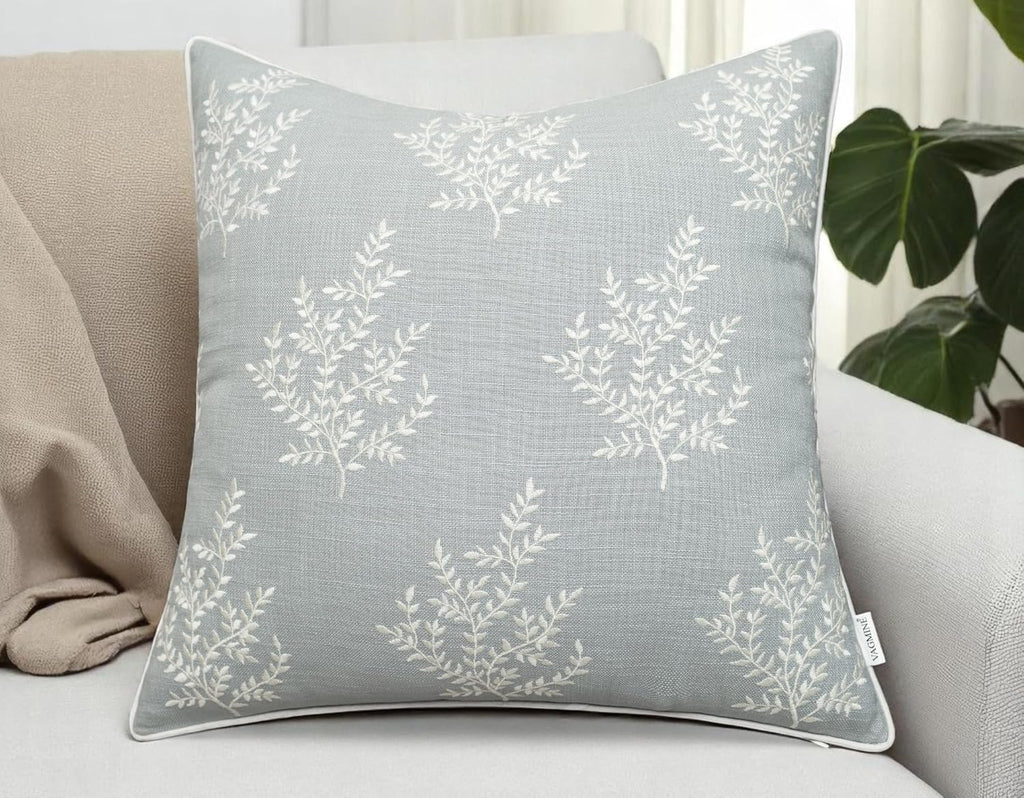 VAGMINE Embroidered Leaves Throw Pillow Cover - 18x18 Inches Square - 100% Cotton Robins Egg Decorative Cushion Cover - Coastal Inspired Leaf Stitch - Stylish Home Accent for Sofa, Couch, Bedroom