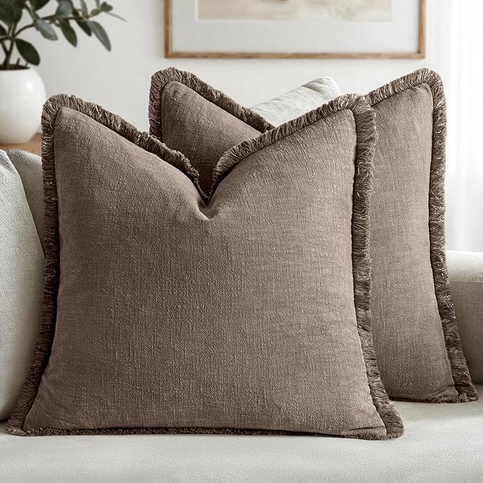 MIULEE Linen Fringe Decorative Fall Throw Pillow Covers Malt Ball 20x20 | Set by MIULEE