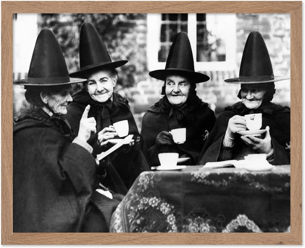 Poster Master Classic Photograph Poster - Vintage Halloween Print - Gift for Artist, Friend - Witches Tea Party, Old Women Smiling, Wearing Robes - Wall Decor for Living Room, 16x20 Beige Framed