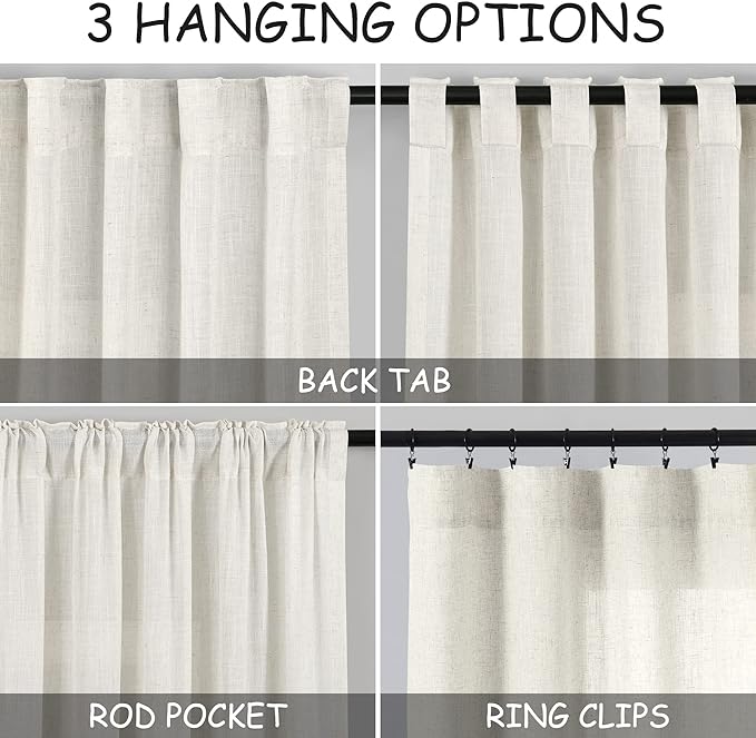 Cream Linen Blend Light Filtering Curtains 82 Inch Length 2 Panel Set Pocket - Image 2