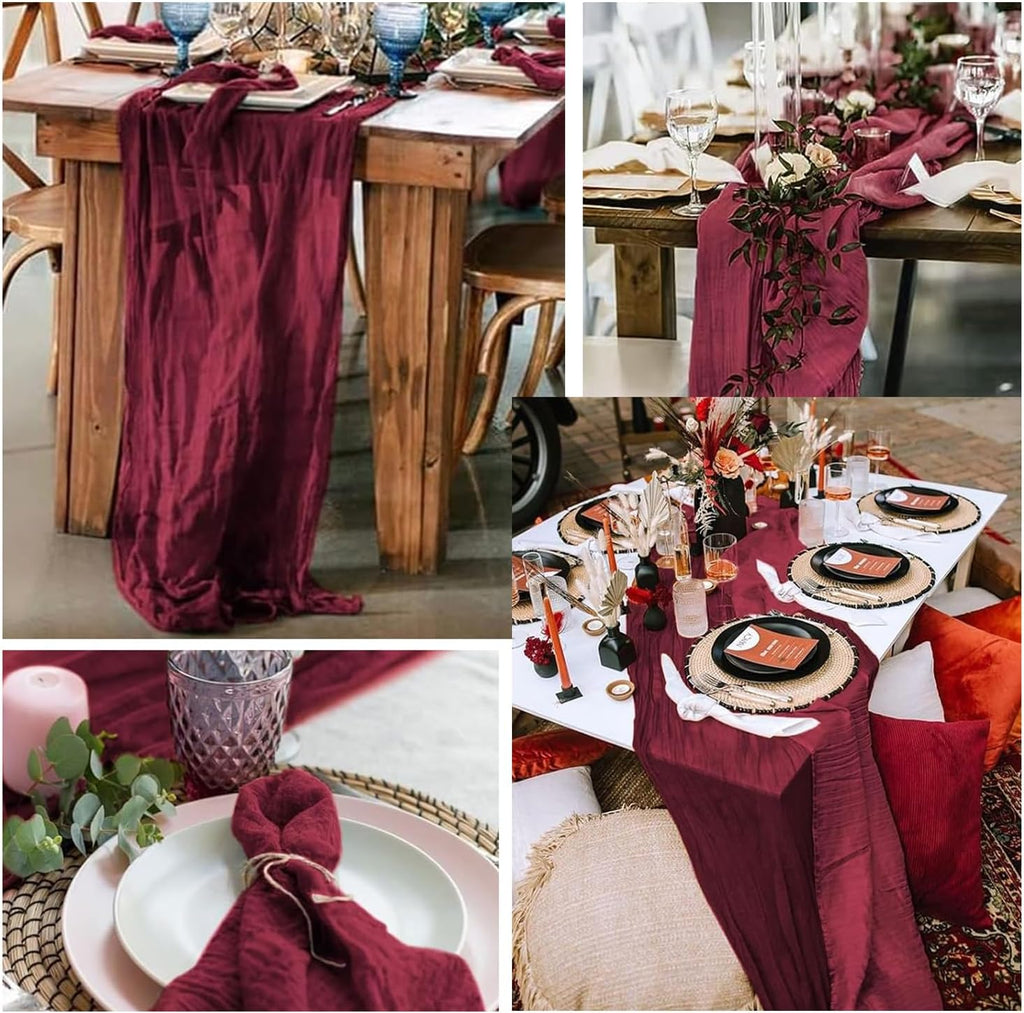 Burgundy 6 Pack Cheesecloth Table Runner 10FT Rustic Gauze Cheese Cloth Table Runner for Wedding Bridal Baby Shower Table Decor 20 x 120 Inch Long Boho Fabric Sheer Birthday Party Table Decorations