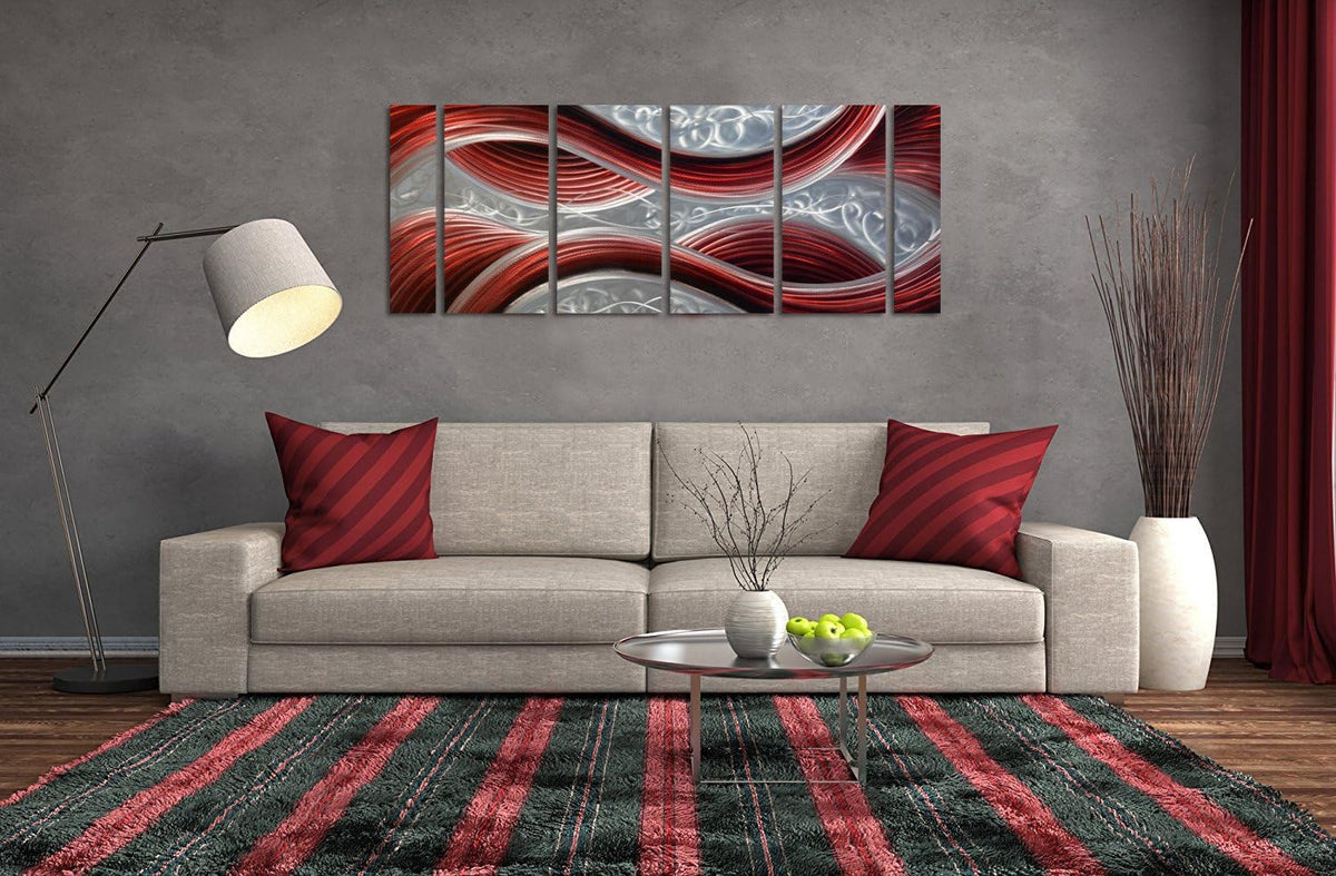 Handmade Abstract Metal Wall Art with Soft Color, Large Scale Decor in Dark Red Line Design Metal Art, 3D Artwork for Indoor Outdoor Wall Decorations, Decorative hanging in 6-Panels Measures 24"x 65"