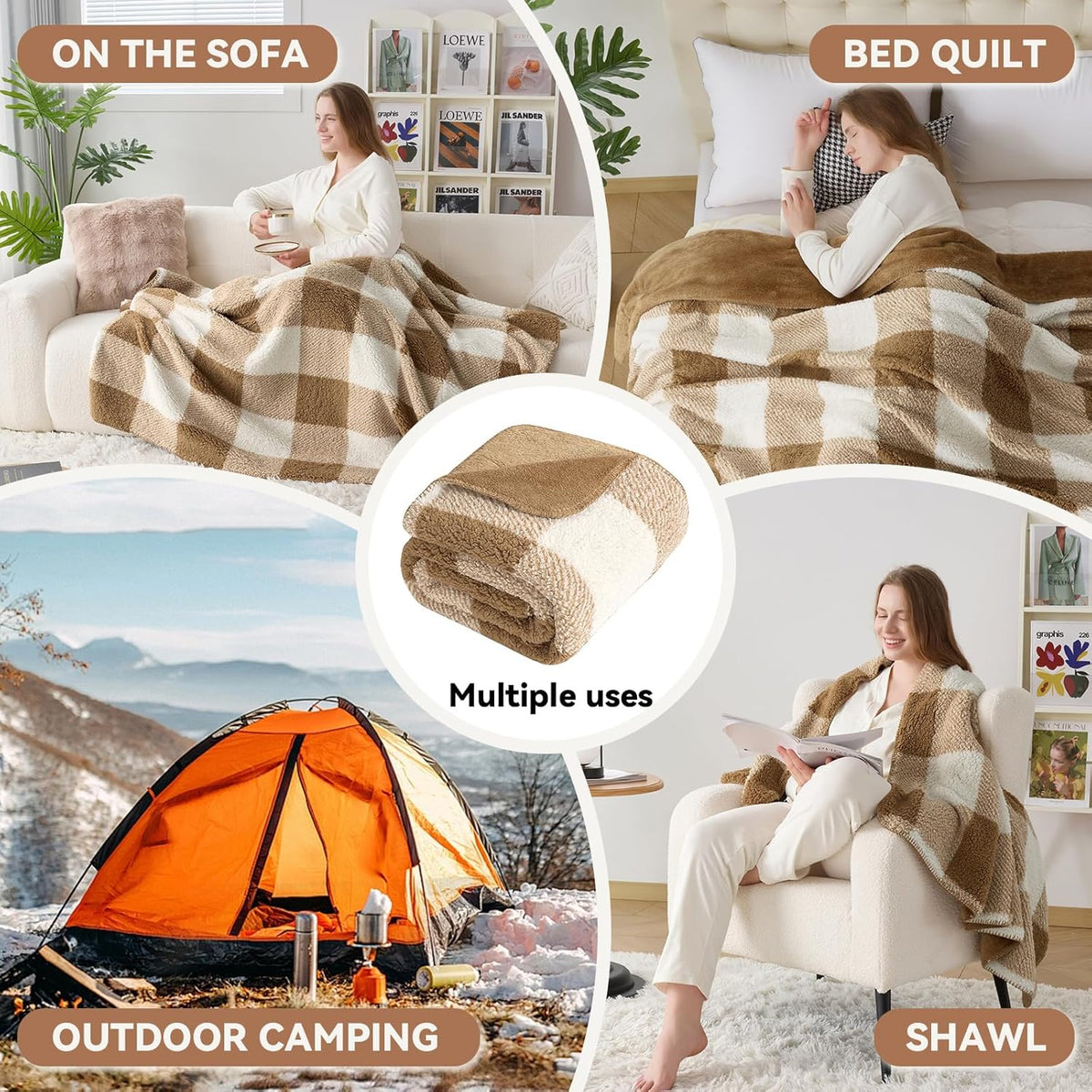 LURKA Checkered Sherpa Fleece Queen-Size Bed Blanket - Extra Thick and Warm Winter Soft Fuzzy Plush Blanket for Couches, Beds & Pets, Brown, 90x90 Inches