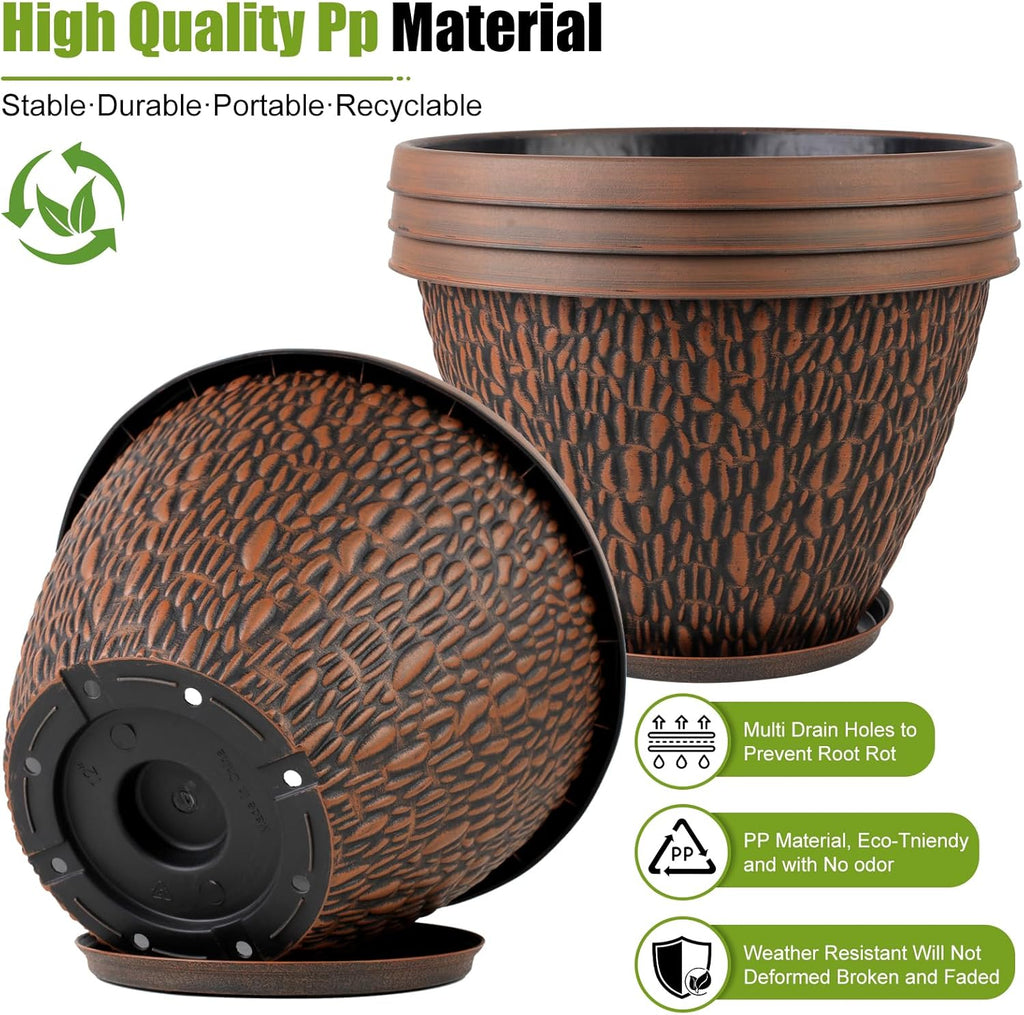 4 Pack Plant Pots Outdoor Indoor, 8 Inch Small Flower Pots with Drainage Hole & Tray, Thickened Plastic Outdoor Planters for Garden House Decor - Pebbles Pattern Design