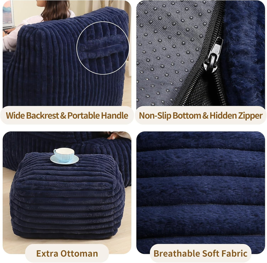 Comfy Gaint Bean Bag Chair with Ottoman, Fluffy Huge Bean Bag Armchair for Adults and Teens, Dark Blue