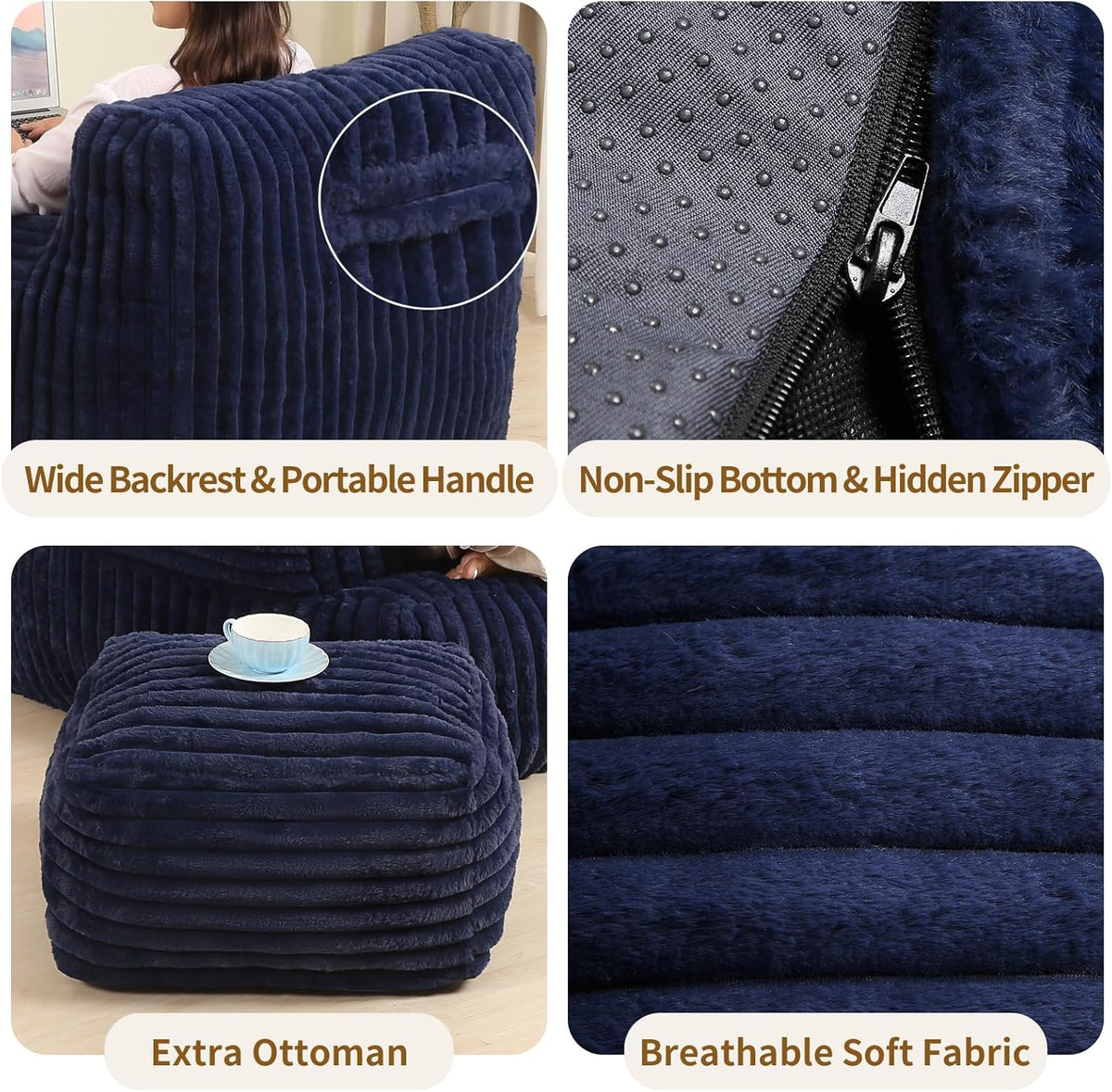 Comfy Gaint Bean Bag Chair with Ottoman, Fluffy Huge Bean Bag Armchair for Adults and Teens, Dark Blue