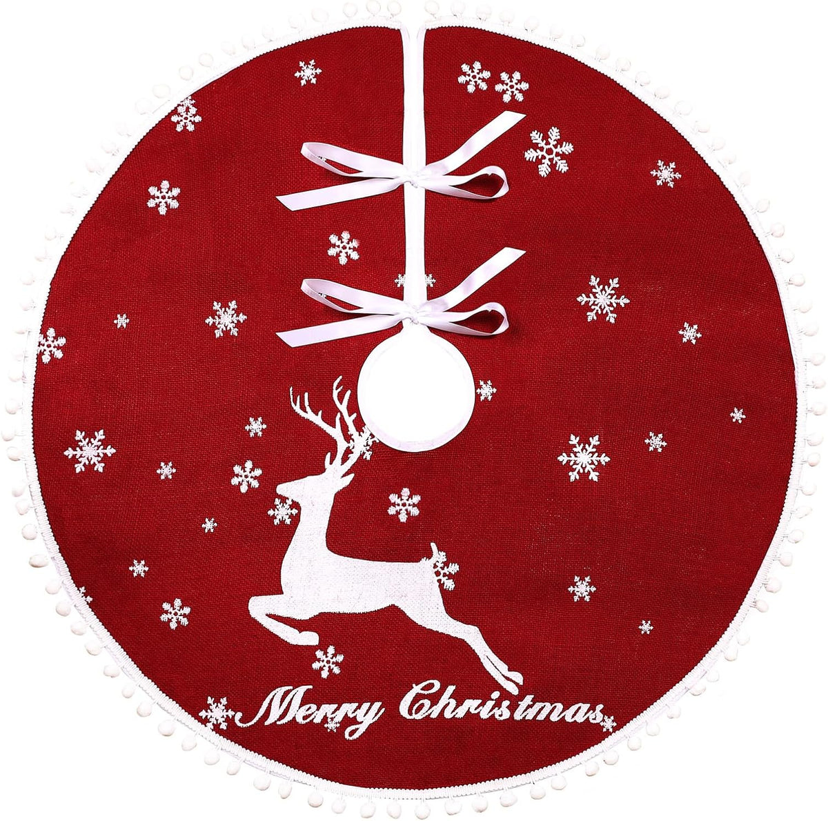 30 Inch Christmas Tree Skirt, Burlap Red Christmas Rustic Tree Skirt with Elk Deer and White Snowflake Printed for Holiday Party Xmas Tree Decoration