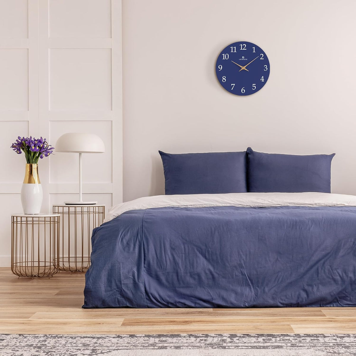 Lafocuse 12 Inch Silent Navy Blue Wall Clock Battery Operated, Wooden, Simple, Minimalist, Kitchen, Living Room, Bedroom, Office, Home Décor
