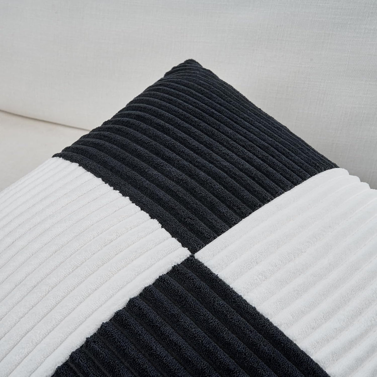 Fancy Homi Set of 2 Black White Samll Decorative Throw Pillow Covers 18x18 Inch with for Couch Bed Sofa Living Room, Soft Cross Patchwork Striped Corduroy Modern Square Cushion Case 45x45 cm