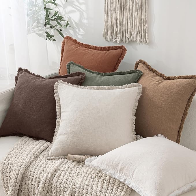 MIULEE Linen Fringe Decorative Fall Euro Pillow Covers Dark Brown 24x24 | Set - Image 5