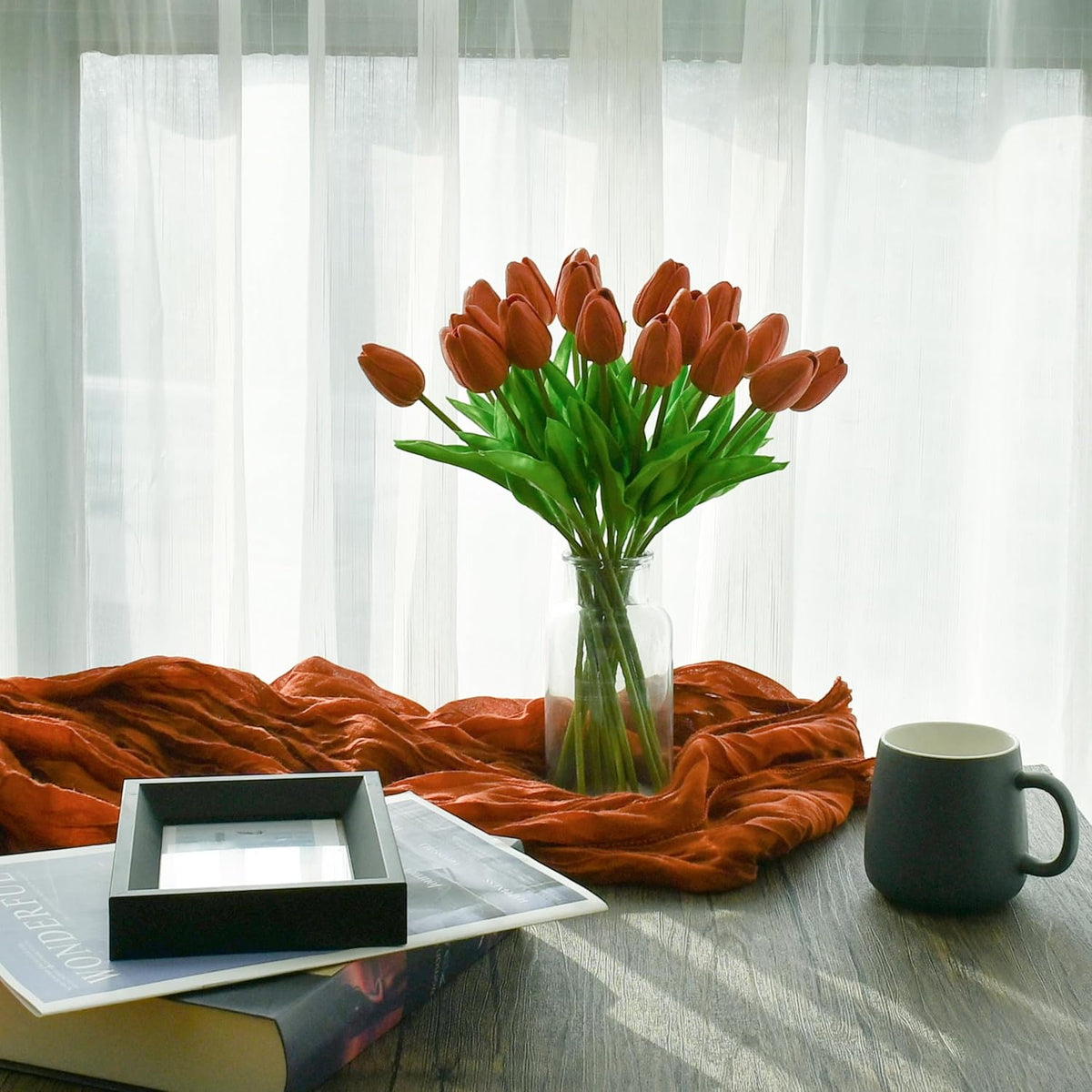 Mandy's Artificial Tulips 20 Stems Terracotta PU Faux Flowers for Wedding Home Decor 13.5 Inch