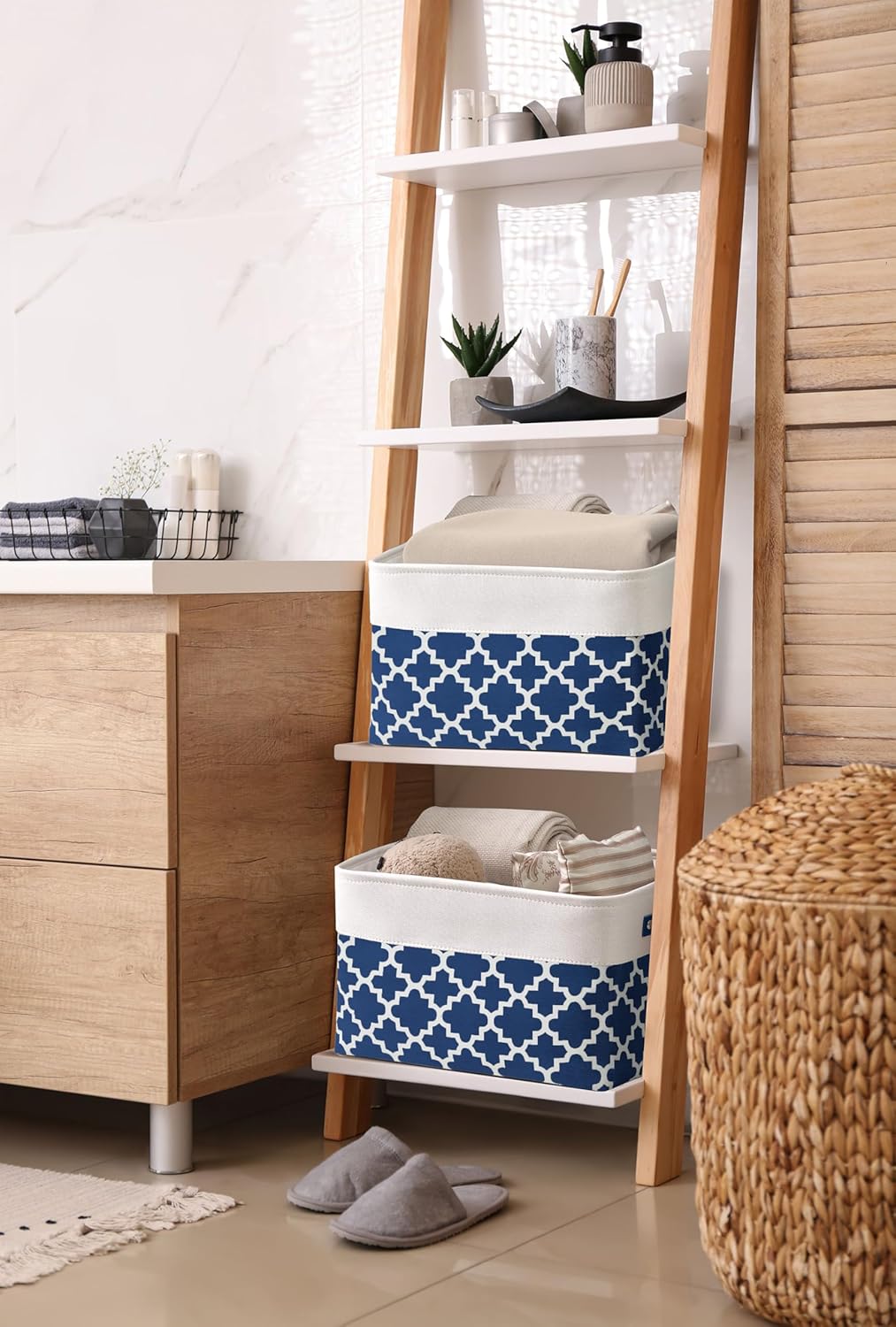 DECOMOMO Blue Storage Bins Fabric Storage Baskets for Shelves, Linen Closet Organization Toys Nursery (Blue Patterns, Large - 3 Pack)