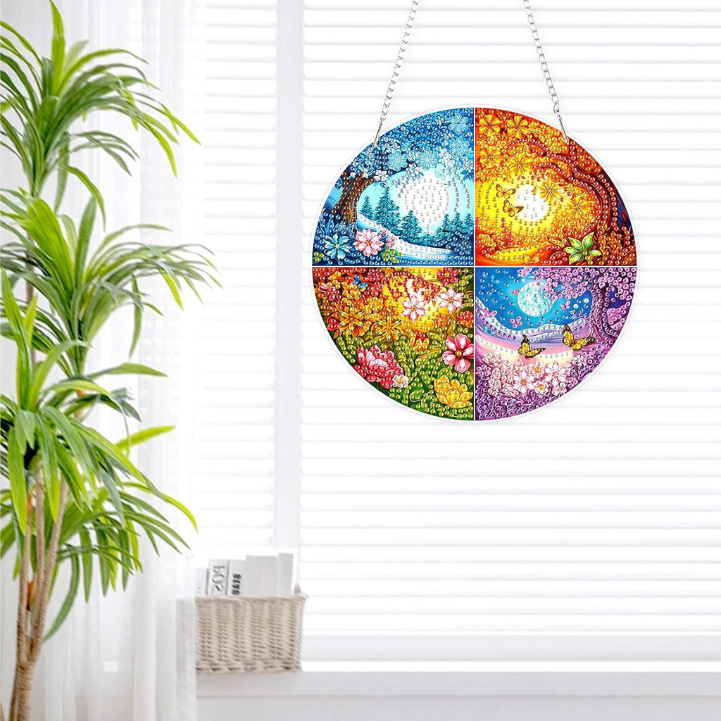 Lxmsja DIY Four Seasons Diamond Painting Hanging Ornament, Double-Sided Acrylic Landscape Diamond Art Kit, Special Shaped Drill Pendant Window Art Kit, Suncatcher Hanging Craft Decoration 8x8 inch
