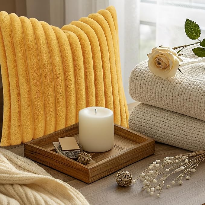decorUhome Fall Faux Fur Throw Pillow Covers 12x20 Set of 2 Mustard Yellow | - Image 9