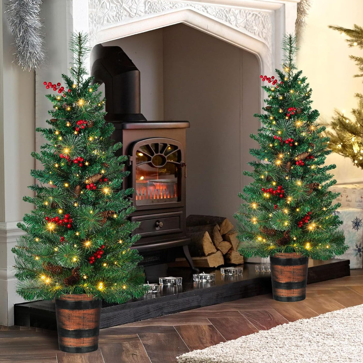 Set of 2 Christmas Trees with Lights 4-FT Artificial Potted Porch Berries and Pinecone Christmas Tree Battery Powered with 8 Modes and Timer for Indoor Outdoor