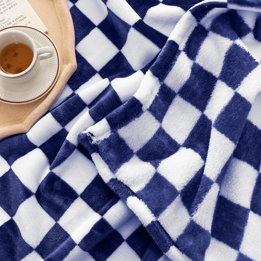 LOMAO Throw Blankets Flannel Blanket with Checkerboard Grid Pattern Soft Throw Blanket for Couch, Bed, Sofa Luxurious Warm and Cozy for All Seasons (Dark Blue, 60"x80")