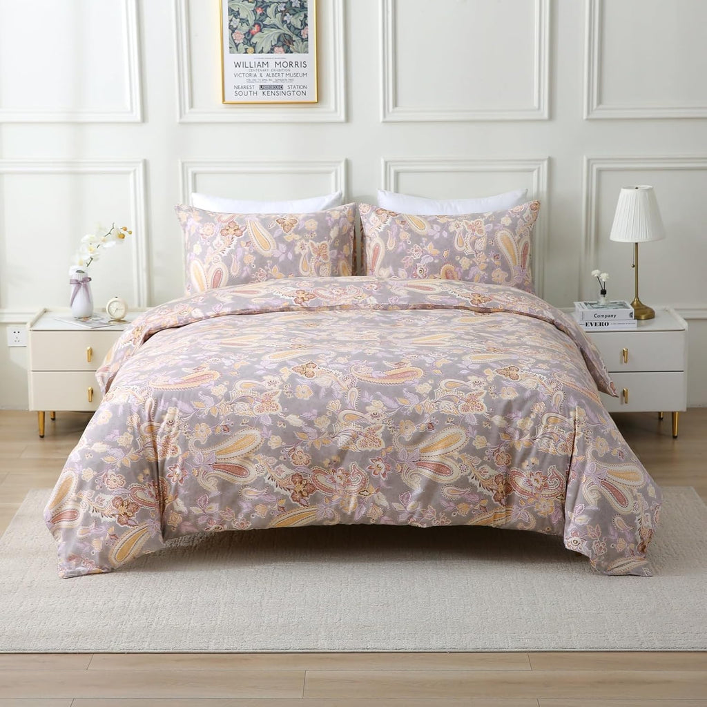 ABREEZE Paisley Bedding Sets 3Pcs Brushed Cotton Duvet Cover Set Queen Size Rustic Damask Gold Floral Comforter Cover with Zipper Closure Boho Bedding Collections