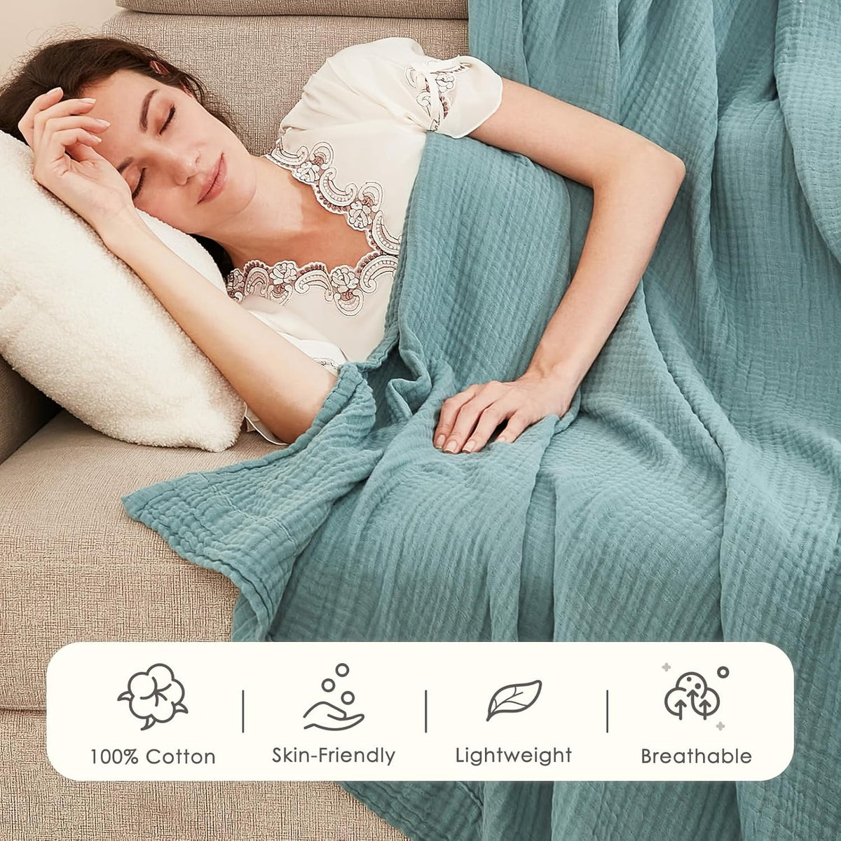 EMME Cotton Blanket Twin XL for Bed Soft Muslin Blankets 66"x90" Lightweight Breathable Layering Bedspread Coverlet All Season Gauze, Teal