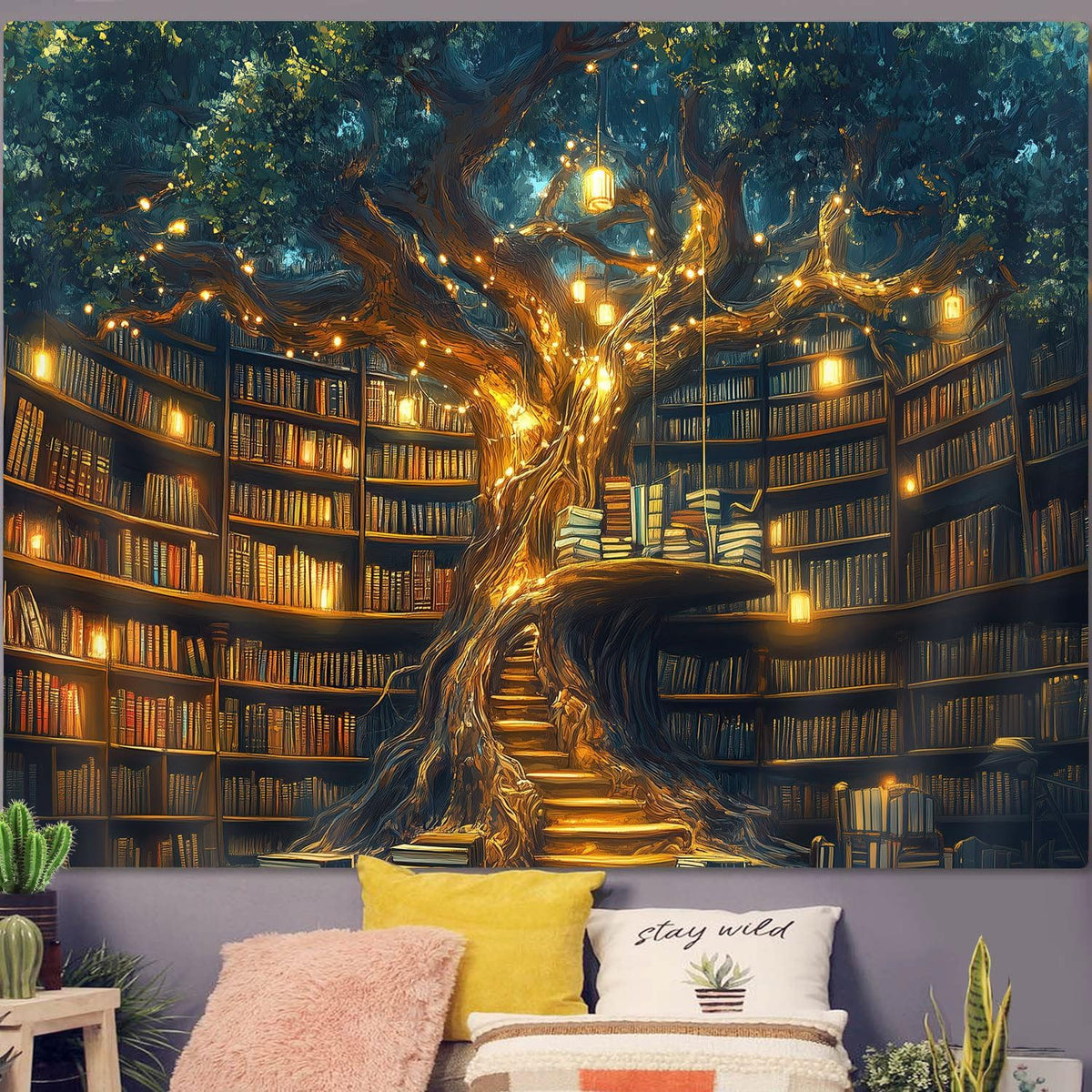 GOAOK Fantasy Library Tapestry For Classroom, Mysterious Tree Magic Bookshelf Aesthetic Tapestries, Witchy Fairytale Tree Vintage Bookshelf Book Art Tapestry Wall Hanging College Room Bedroom, 80"X60"