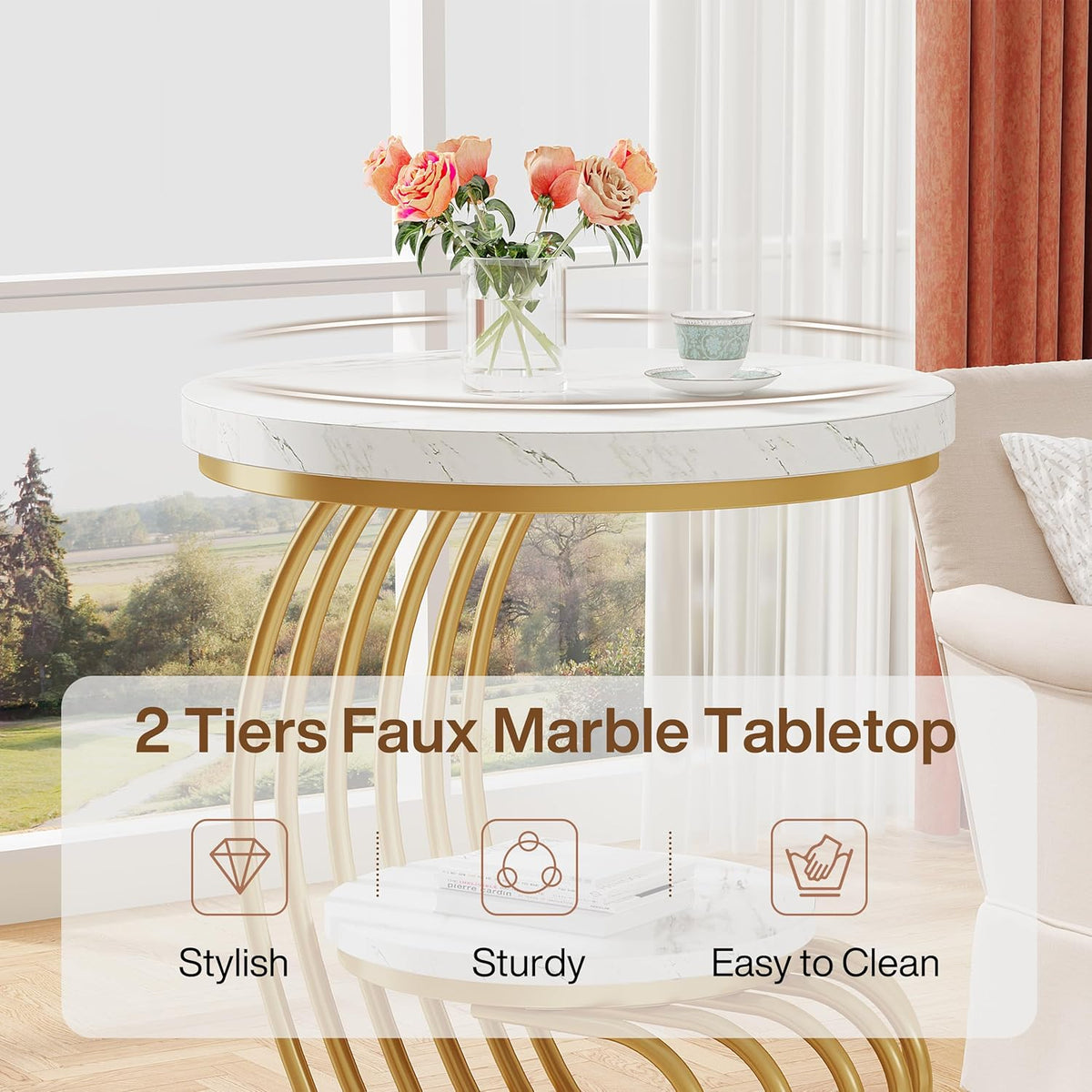 Tribesigns Gold Round End Table: 2 Tiers Faux Marble Side Table with Storage Shelf, Modern White Gold Bedside Nightstand, Metal Arc-Shaped Frame Accent Table for Living Room, Bedroom