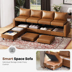118.5" Faux Leather Modular Sectional Sofa with Storage Seat, Oversized 4 Seater Couch Deep Seat with Removable Cover Brown