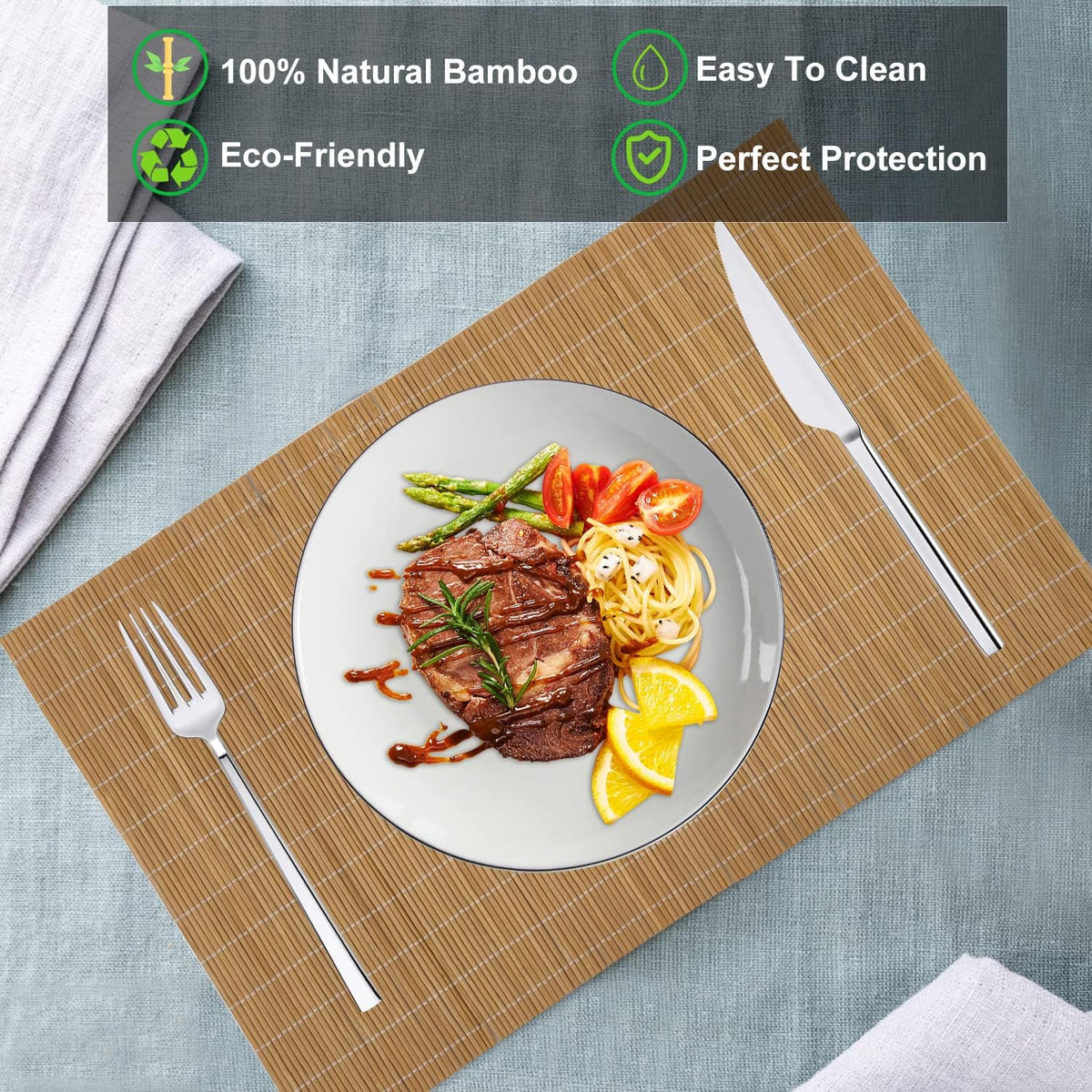ANDSTAR Set of 24 Bamboo Placemats 17.7X11.8Inch Sushi Rolling Mat Japanese Style Bamboo Mat Natural Place Mats Washable Heat Resistant Table Mats for Dinner Dining Table Wedding Parties（Brown）