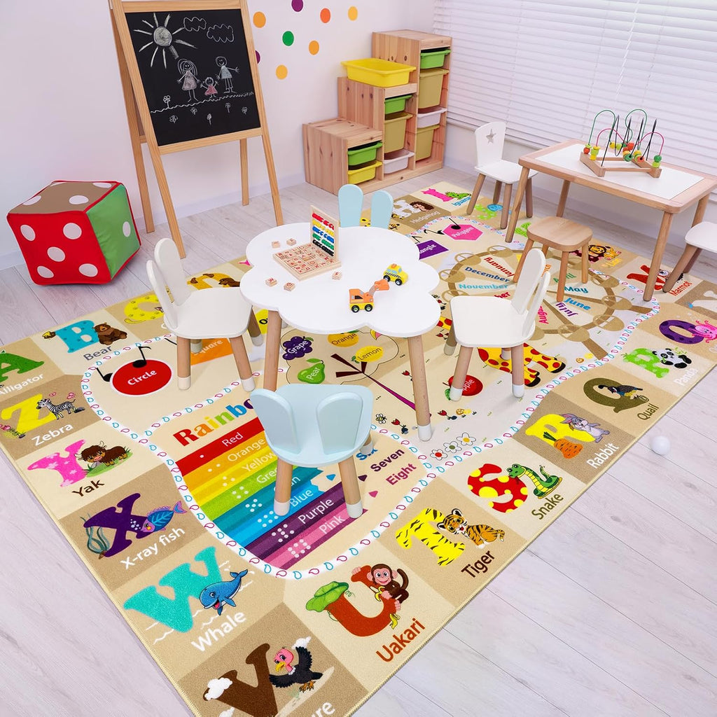 Kids Rugs for Playroom Washable, Educational and Fun Learning Rugs with ABC Alphabet Animals Shapes, Baby Toddler Children's Play Mat for Bedroom Classroom Nursery, 5x7 Feet, Beige and Pink