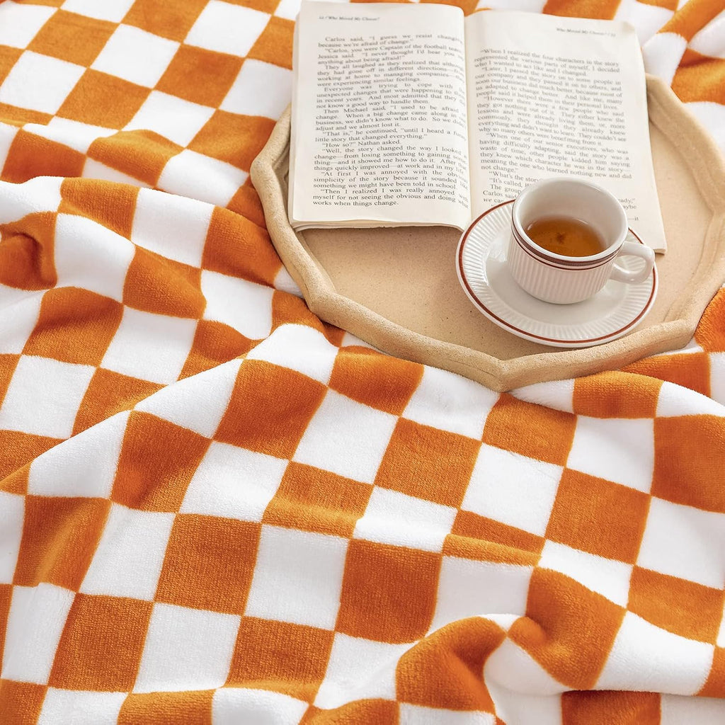 LOMAO Throw Blankets Flannel Blanket with Checkerboard Grid Pattern Soft Throw Blanket for Couch, Bed, Sofa Luxurious Warm and Cozy for All Seasons (Orange, 90"x90")