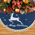 36 Inch Christmas Tree Skirt, Burlap Blue Christmas Rustic Tree Skirt with Elk Deer and White Snowflake Printed for Holiday Party Xmas Tree Decoration