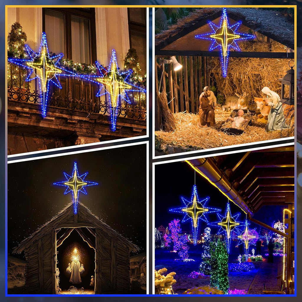 36'' Christmas Star of Bethlehem LED Star Hanging Lights Nativity Holy Family Light for Door Window Porch Wall Decoration Plug Operated Lighted Hanging Tree Topper(Blue, Warm Light)