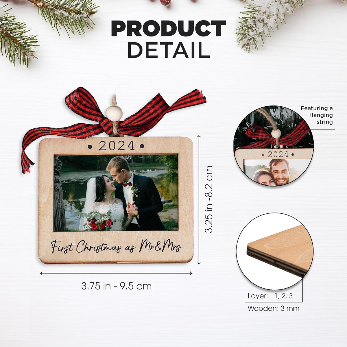 Christmas Photo Frame Ornament, 2024 Ornament, Wooden Picture Frame Ornaments With Hanging String (First Christmas As Mr & Mrs (Landscape))