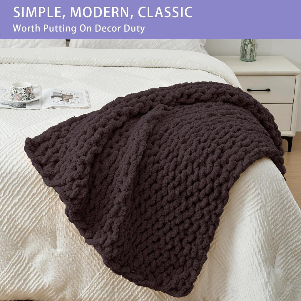 Bigacogo Chunky Knit Throw Blanket for Couch, 40x40 inches, 100% Hand Knitted with Thick Jumbo Chenille Yarn, Cozy Soft Large Rope Knot Cable Crochet Blankets for Sofa Bed Living Room, Chocolate