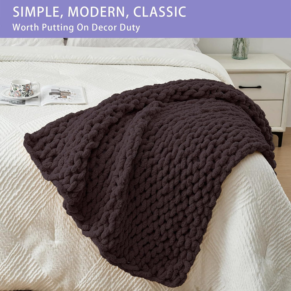 Bigacogo Chunky Knit Throw Blanket for Couch, 40x40 inches, 100% Hand Knitted with Thick Jumbo Chenille Yarn, Cozy Soft Large Rope Knot Cable Crochet Blankets for Sofa Bed Living Room, Chocolate
