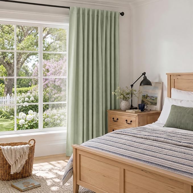 Faux Linen Total Blackout Sliding Door Curtains 90 Inches Long, Sage Green | - Image 6