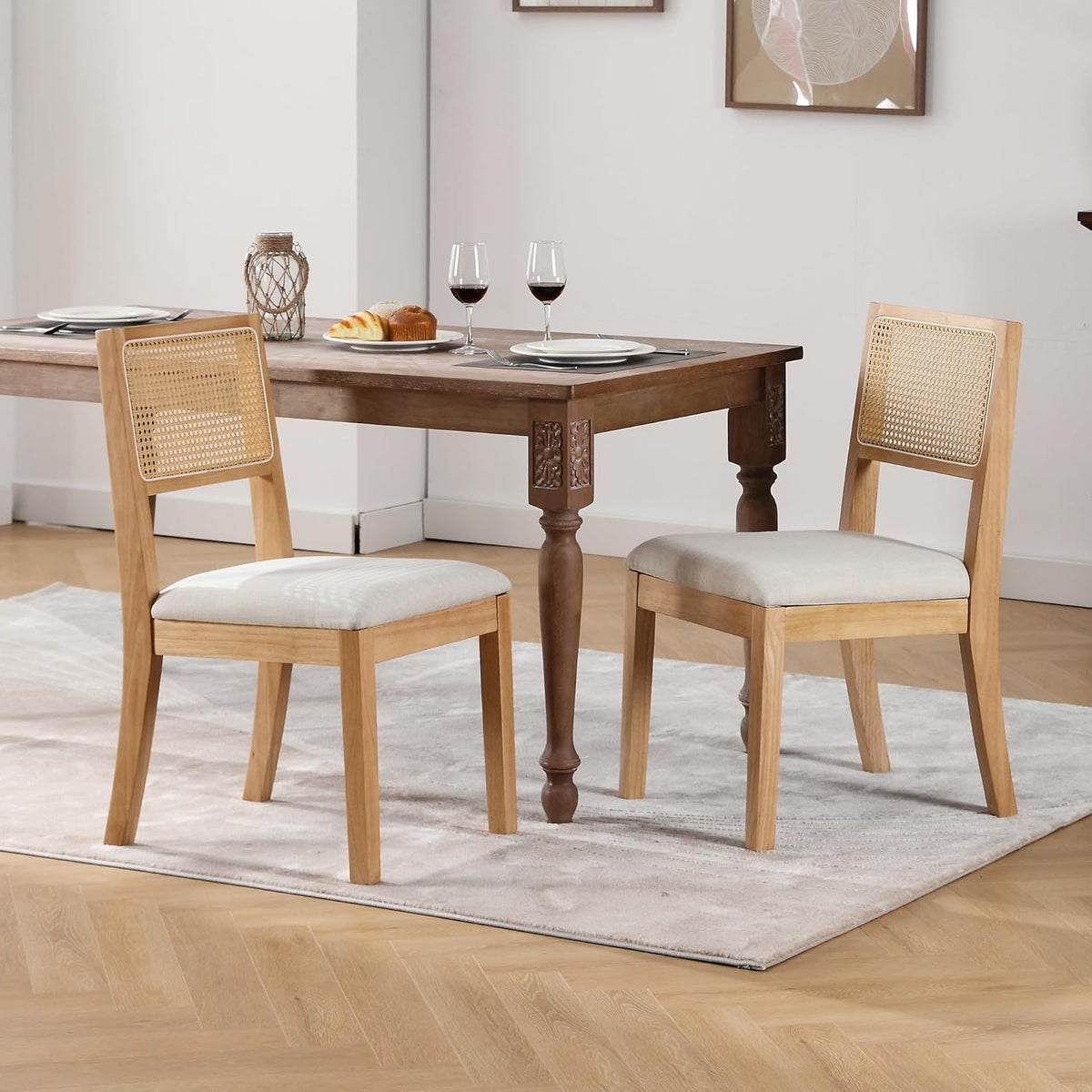 Westice Rattan Dining Chairs Set of 2, Farmhouse Natural Dining Room Chairs with Upholstered Cushion, Wood Armless Chairs for Kitchen/Restaurant